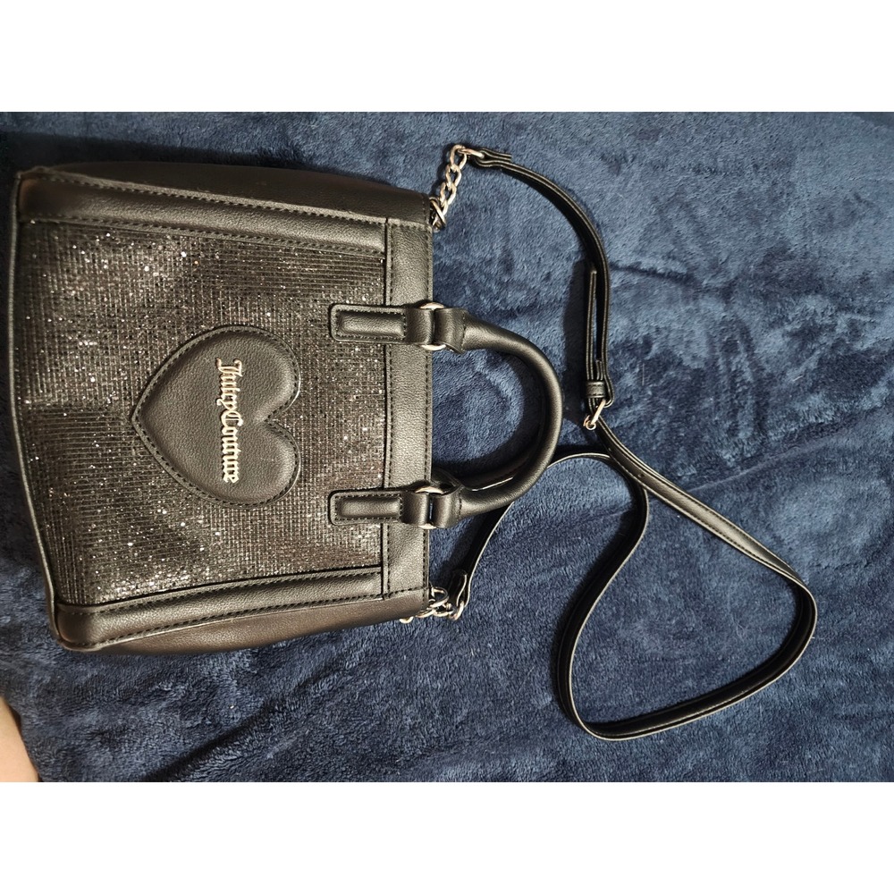 Juicy Couture Black Glitter Heart Mini Tote Crossbody Bag Silver Hardware